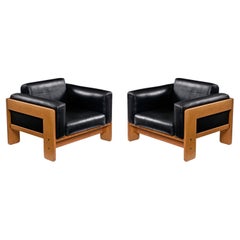 1978 Knoll International Bastiano Oak Black Leather Armchairs Set