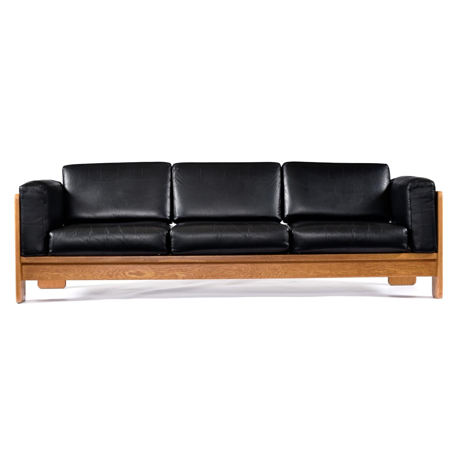 Mid-Century Modern 1978 Knoll International Bastiano Oak Black Leather Sofa