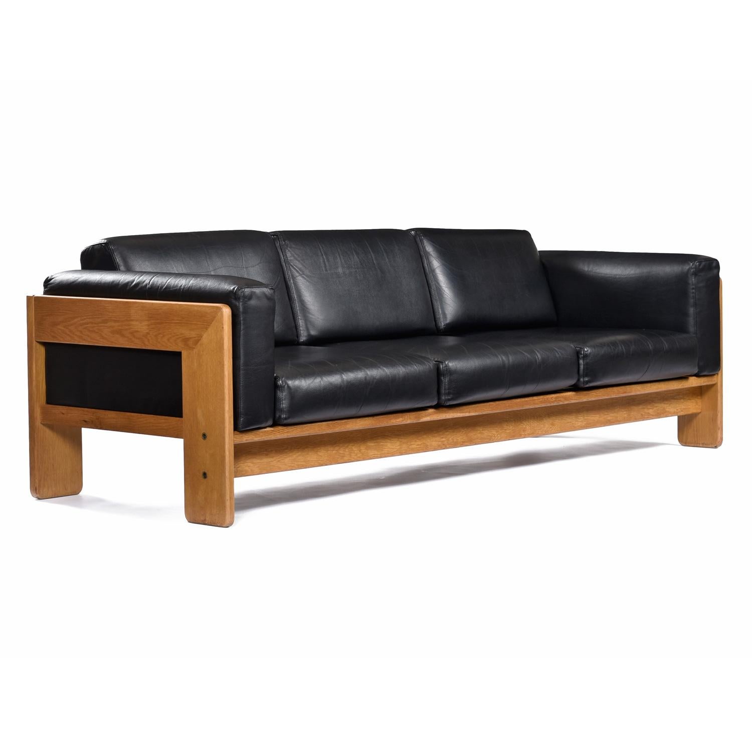 American 1978 Knoll International Bastiano Oak Black Leather Sofa