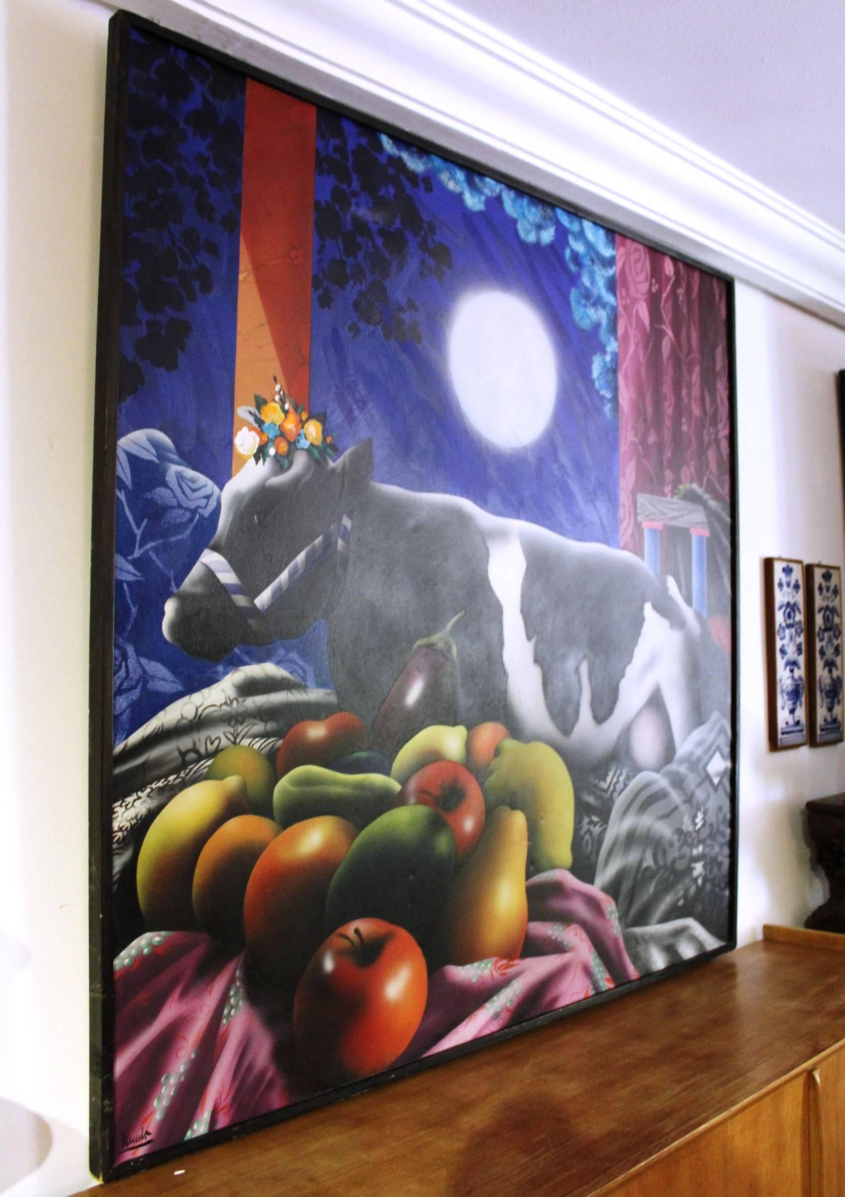 Acrylic on canvas by renowned Spanish contemporary painter Eduardo Úrculo (Santurce, 1928 - Madrid, 2003) 

It represents a cow surrounded by fruits and the moon, painted in vivid colors.

Signed, titled and dated 1978.
 