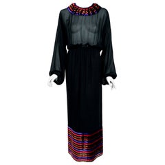 1978 Lanvin Paris Couture Black Sheer Silk & Stripe Velvet Billow-Sleeve Gown