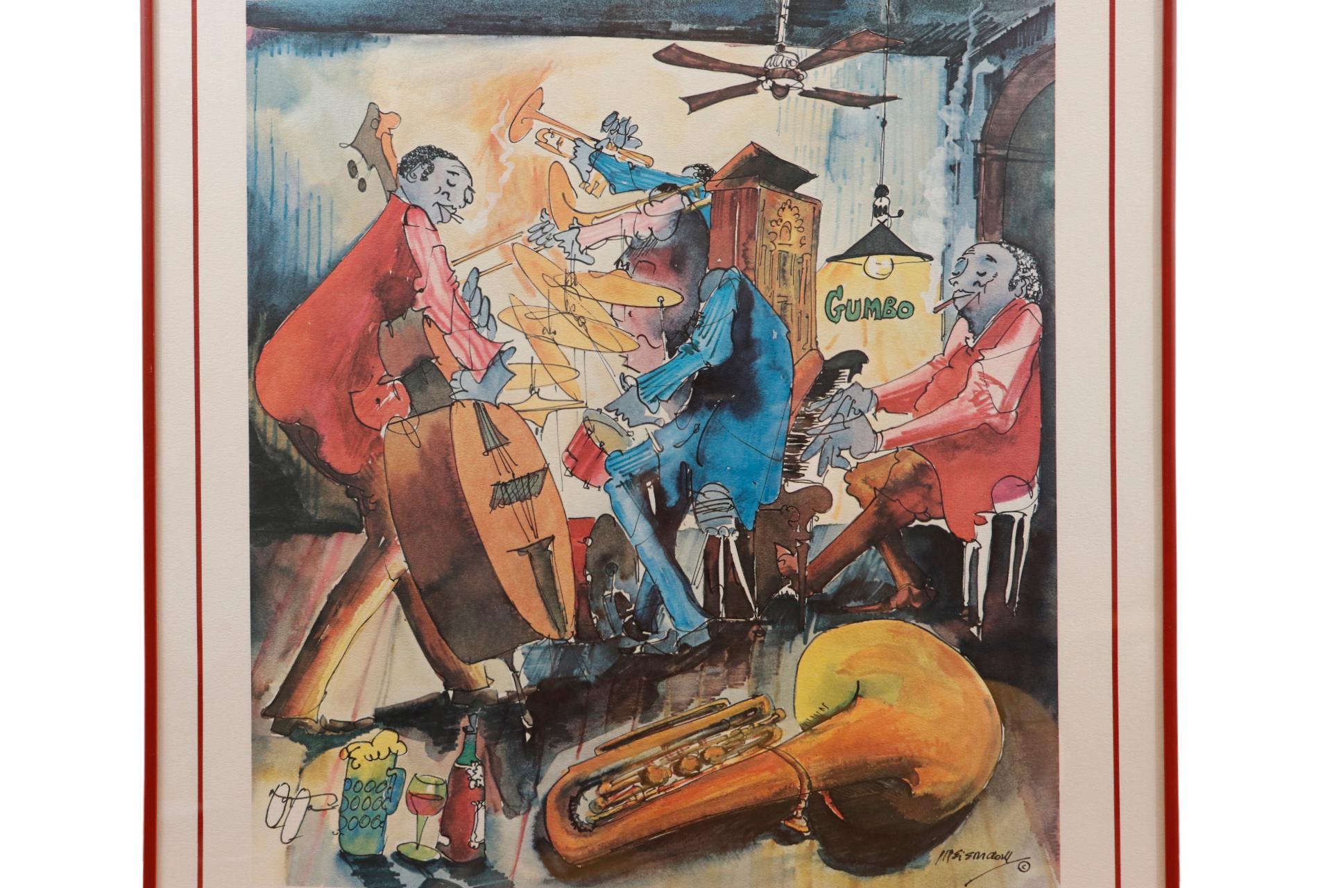 A framed giclee poster of an ink and watercolor jazz band by Leo Meiersdorff. A red lined border reads “Jazz, New Orleans” centered at the bottom with 1978 Cunningham Enterprises, New Orleans, Louisiana printed in the lower left corner. Set in a red