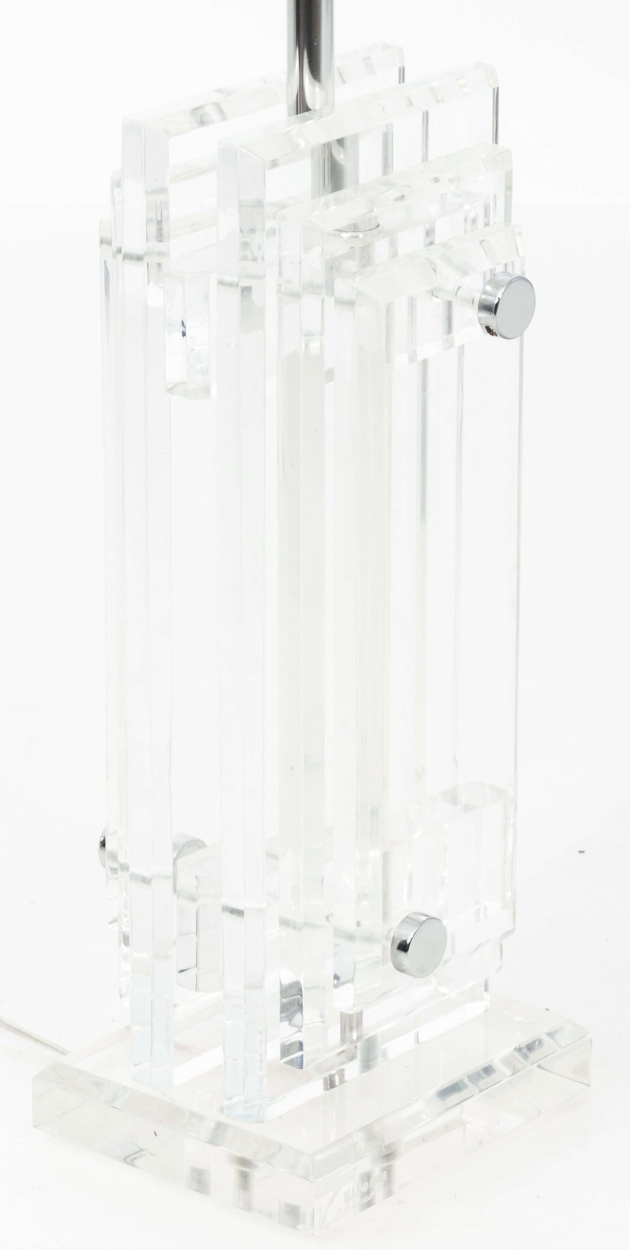 Late 20th Century 1978, Lucite Geometric Table Lamp with Custom Shade For Sale