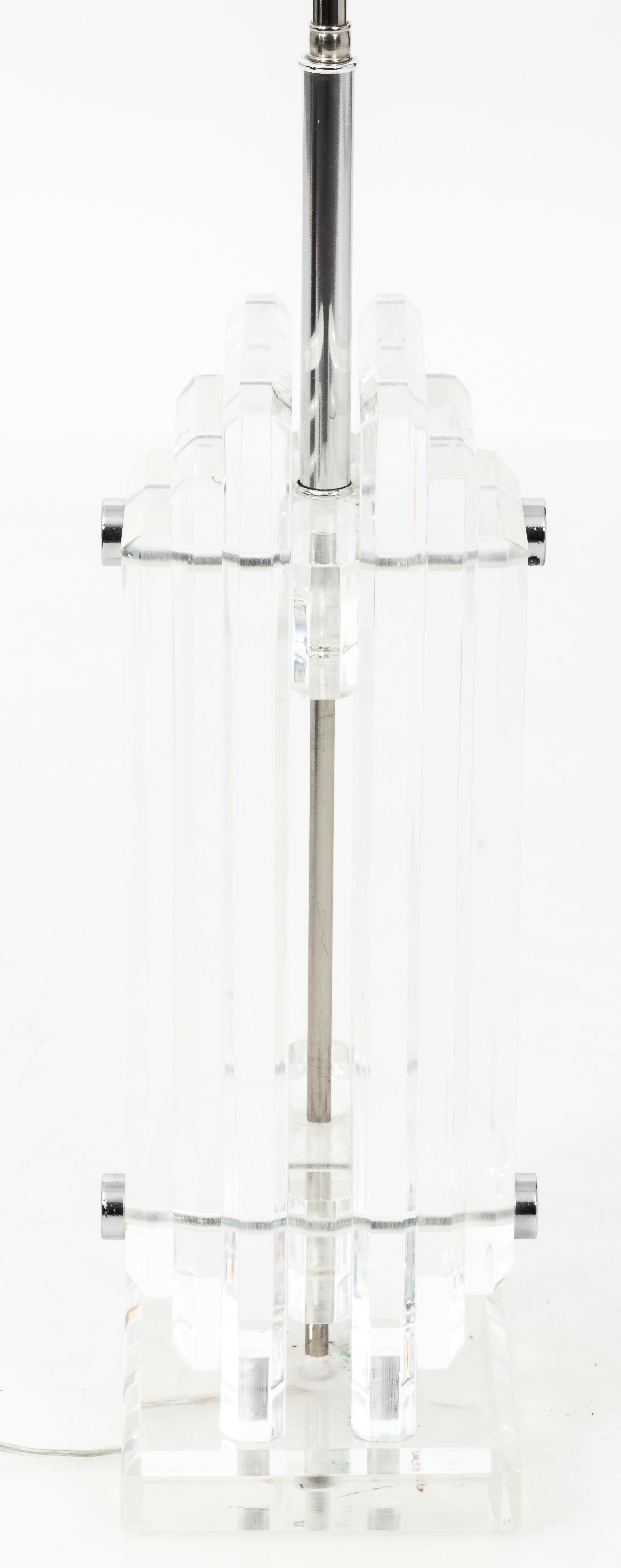 Chrome 1978, Lucite Geometric Table Lamp with Custom Shade For Sale