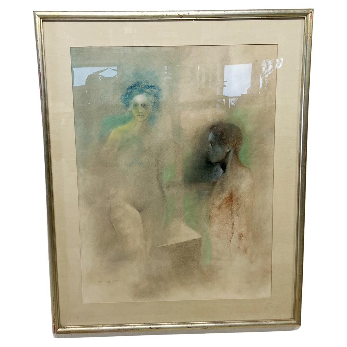 1978 Midcentury Artwork Pastel Muted Nude Couple signed and dated