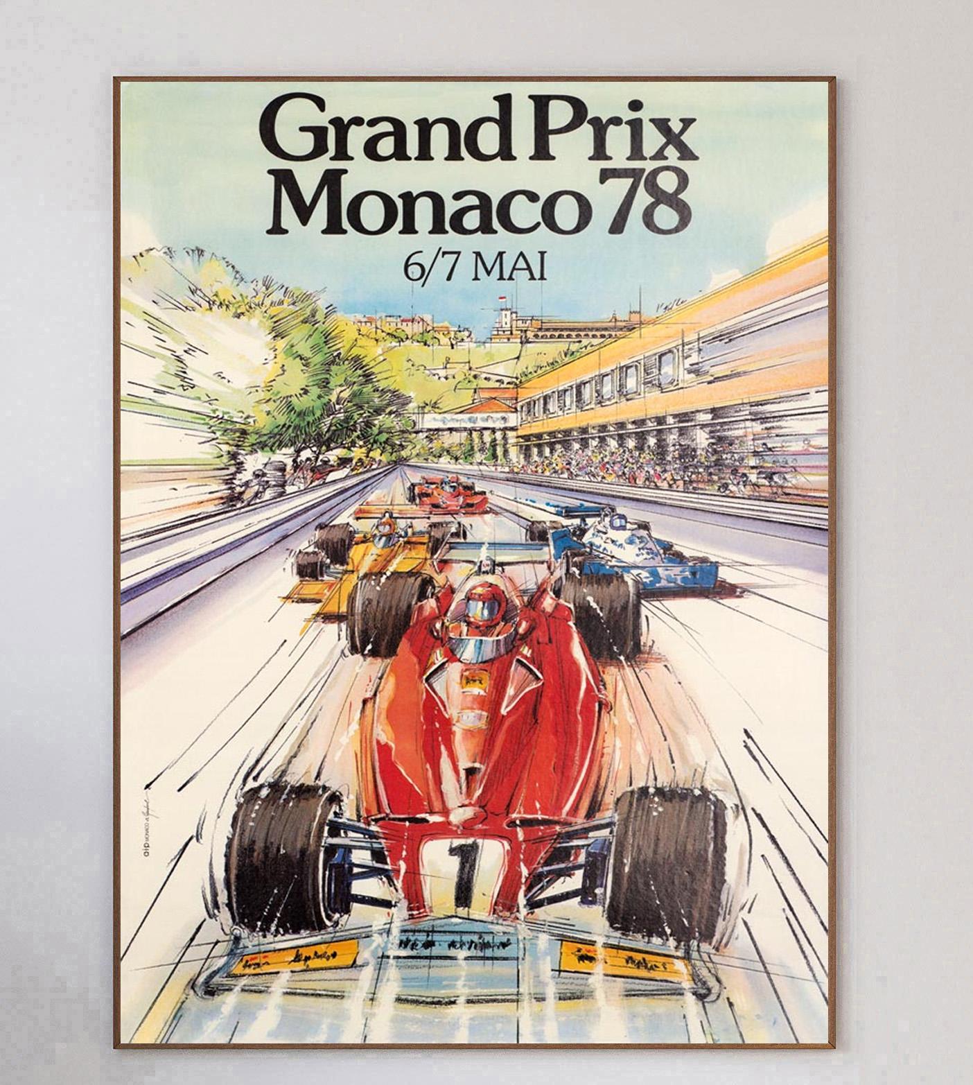 Dieses Plakat ist für den Großen Preis von Monaco 1978. Die brillante Illustration zeigt den Wagen des legendären Niki Lauda, der vor der Verfolgergruppe fährt. Das lebendige und moderne Artwork zeigt die Geschwindigkeit der Rennfahrer.

Der Große