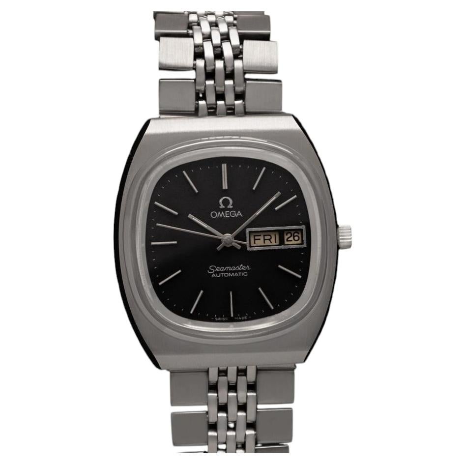 1978 Omega Seamaster Vintage Mens Bracelet Automatic Day Date Black Dial Watch For Sale