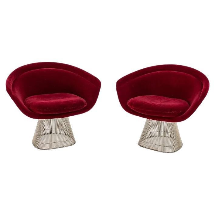 1978 Pair of Warren Platner for Knoll Lounge Chairs in Red Velvet and Nickel For Sale