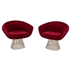 1978 Pair of Warren Platner for Knoll Lounge Chairs in Red Velvet and Nickel