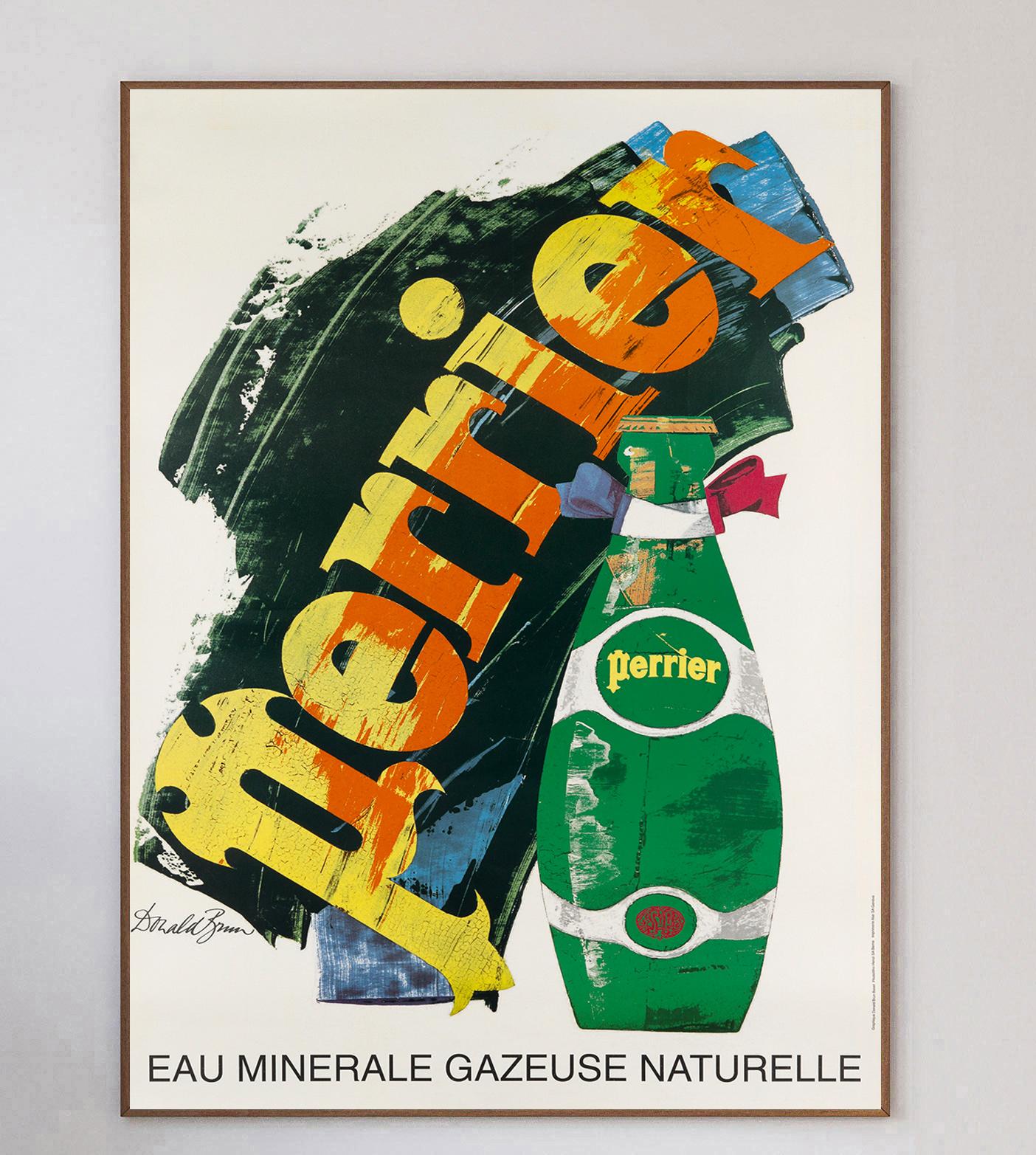 This beautiful for Perrier was designed by poster and graphic designer Donald Brun. This French poster has a fantastic kinetic design, depicting the iconic green Perrier bottle and logo.

Donald Brun was a renowned graphic designer from