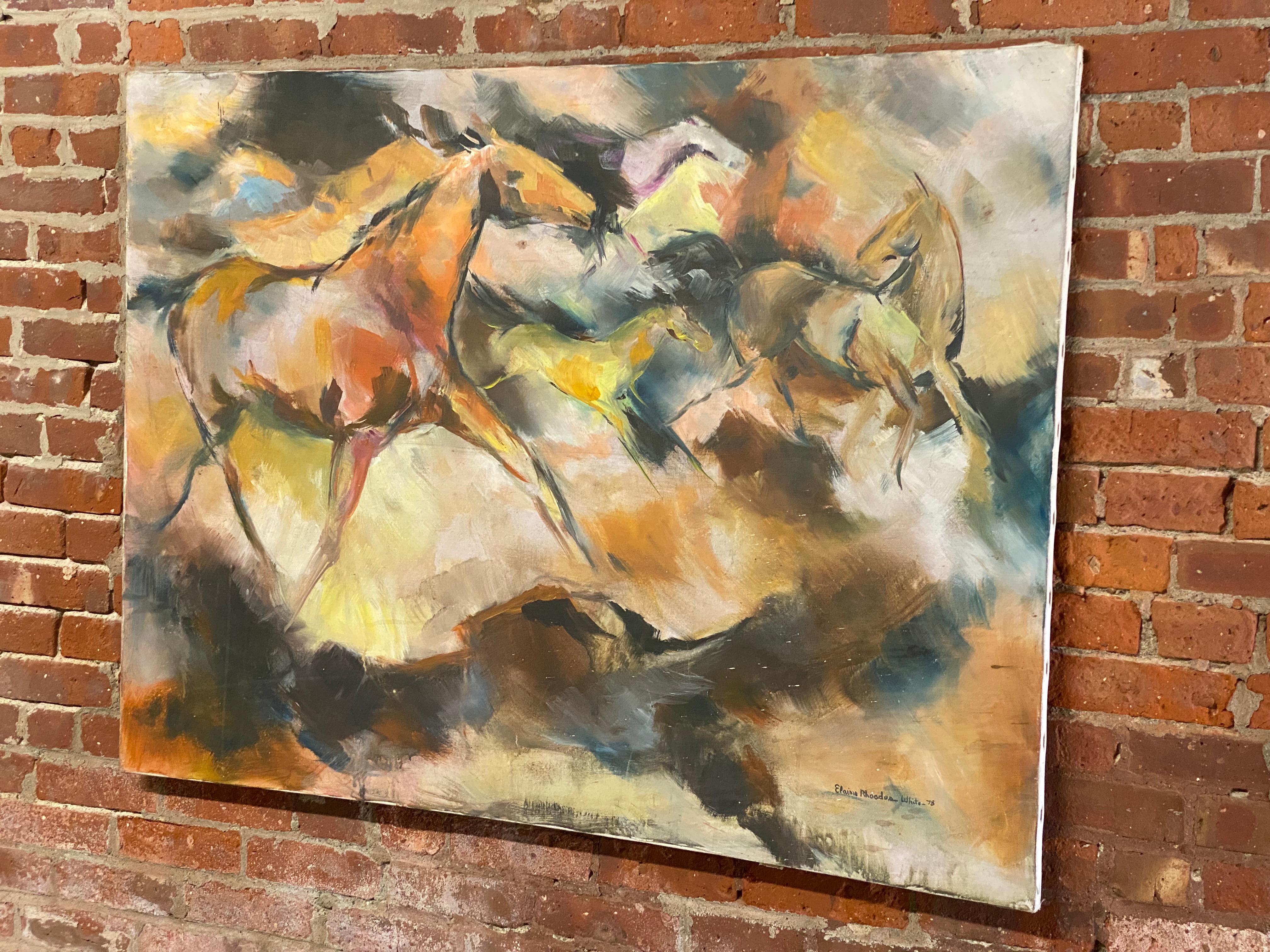 Post-Modern 1978 Post Modern Elaine Rhoades White Wild Horses Painting