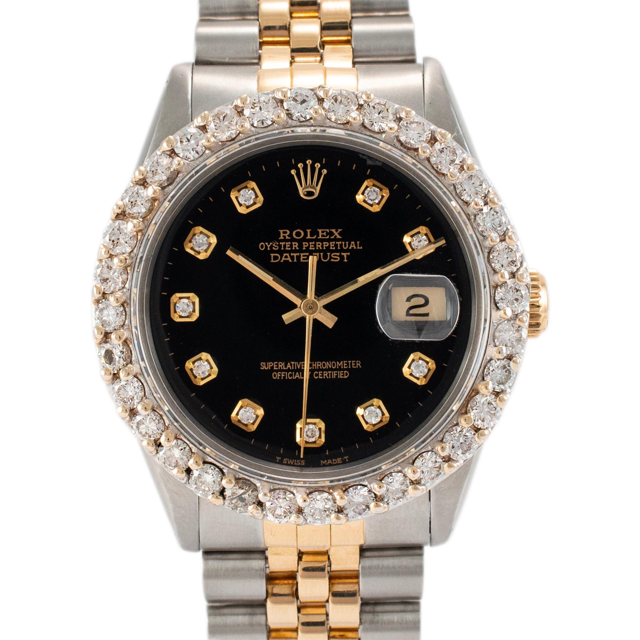 Brand: Rolex

Gender: Unisex

Metal Type: 18K Yellow Gold & Stainless Steel

Diameter: 36.00 mm

Weight: 103.55 Grams

18K yellow gold and stainless steel diamond ROLEX Swiss made watch. The metals were tested and determined to be 18K yellow gold
