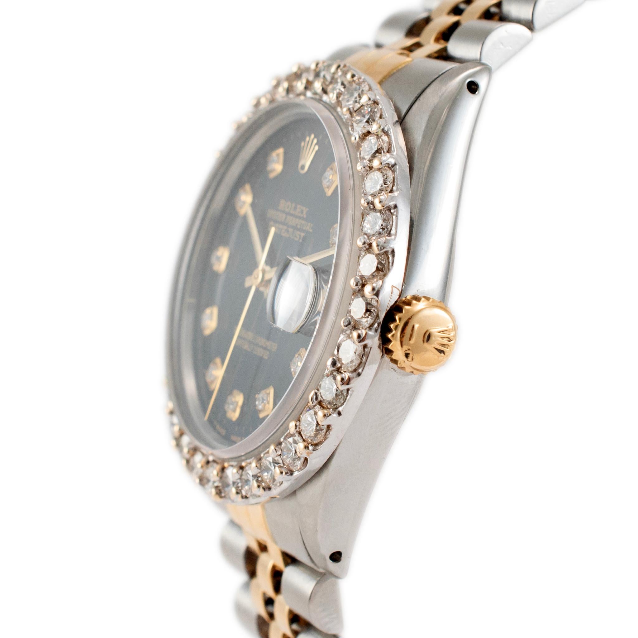 Round Cut 1978 Rolex Datejust 36MM 16013 Black Dial Diamond Bezel Gold & Steel Watch