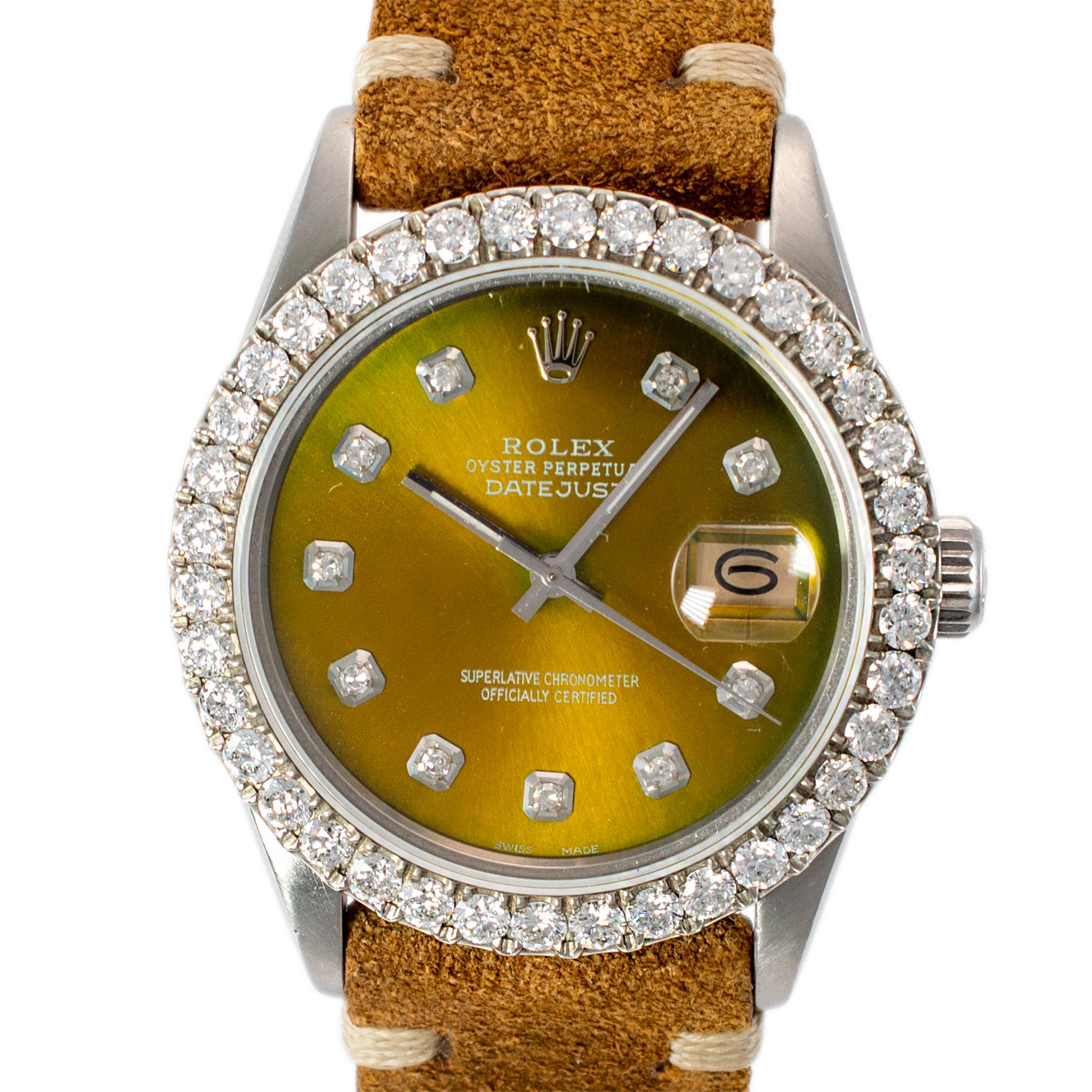Brand: Rolex

Gender: Unisex

Metal Type: Stainless Steel

Diameter: 36.00 mm

Weight: 62.22 grams

Stainless Steel Diamond ROLEX Swiss-made watch. The metal was tested and determined to be stainless steel. The 