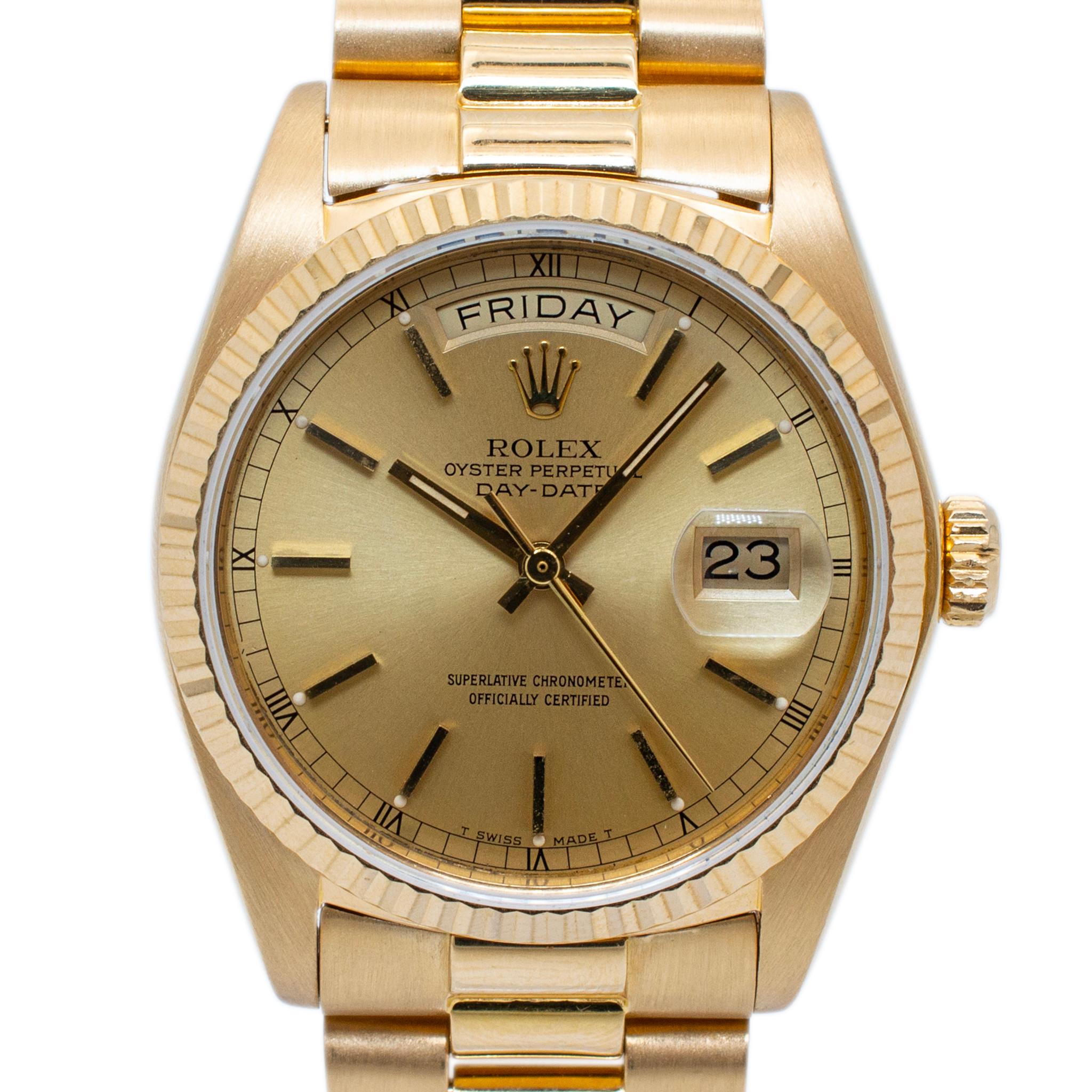 Metal Type: 18K Yellow Gold

Brand: Rolex

Diameter: 36.00 mm

Total Weight: 134.80 grams

The metal was tested and determined to be 18K yellow gold. The 
