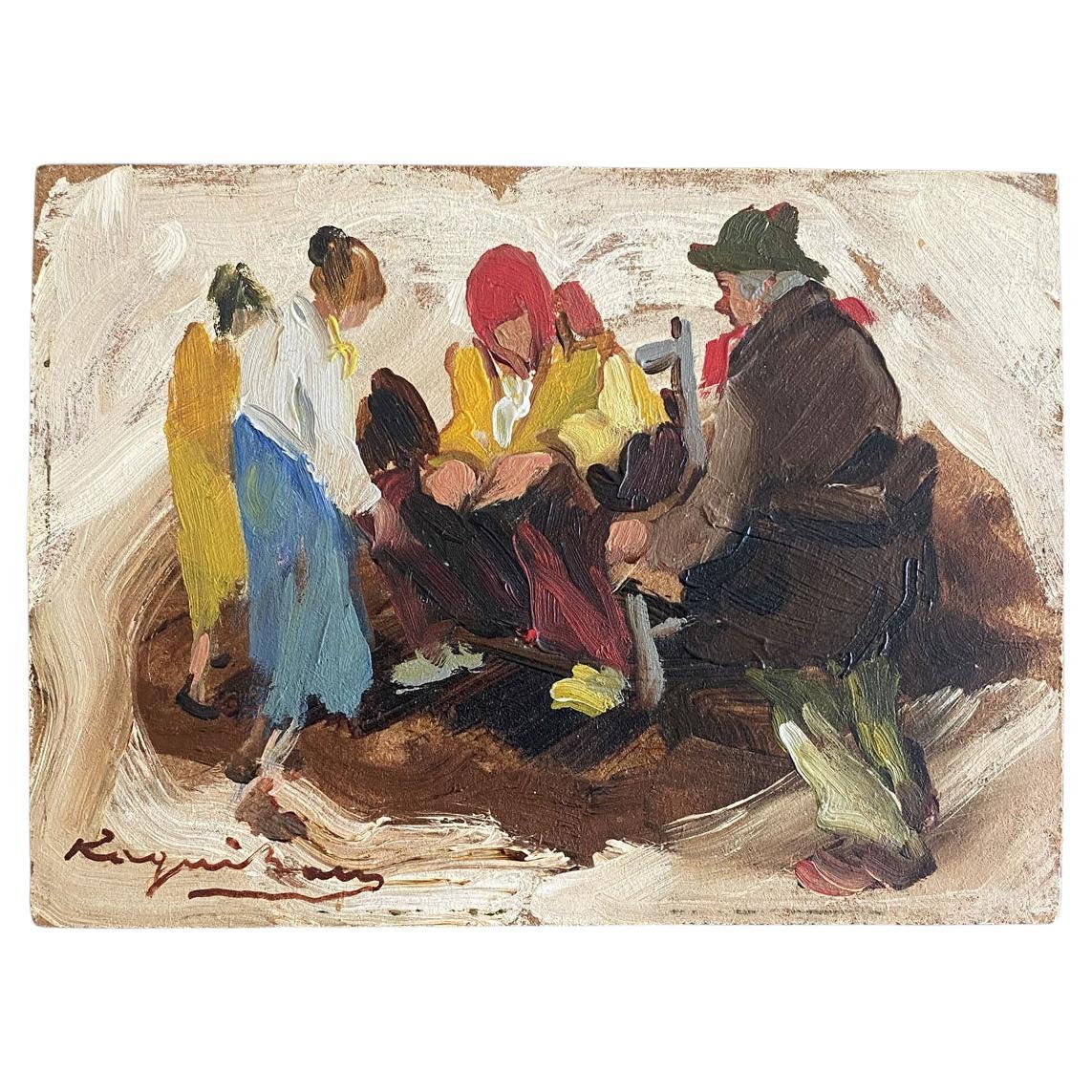 1978 Signiertes Ölgemälde Postimpressionistische Gruppe menschlicher Figuren, lebhafte Farben im Angebot