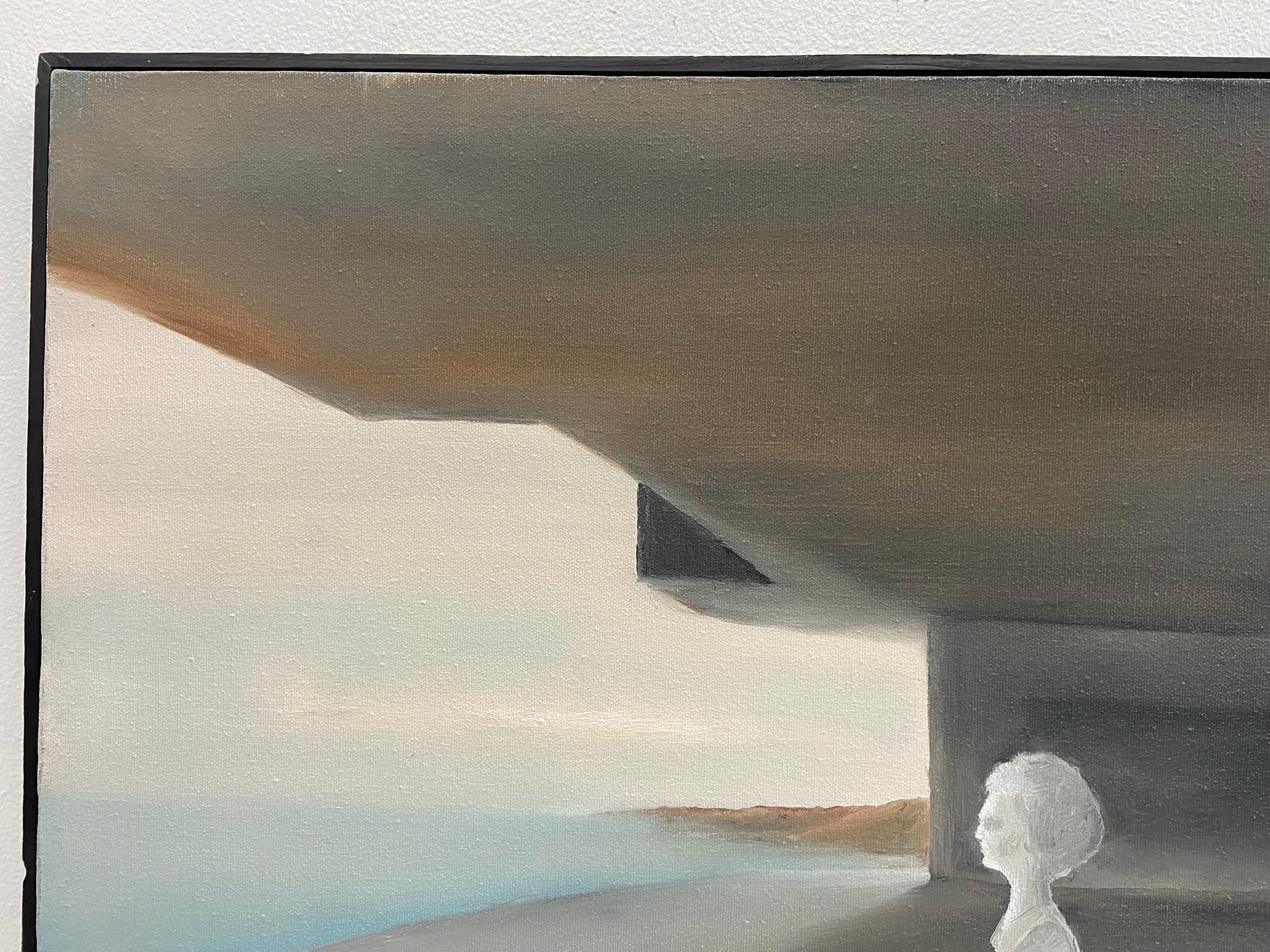 A vintage, circa 1978, Surrealist style landscape painting featuring a strong, Modernist architectural element mixed with a classically inspired bust as well as a box, possibly constructed of plywood or cardboard. The painting has an overall ombre
