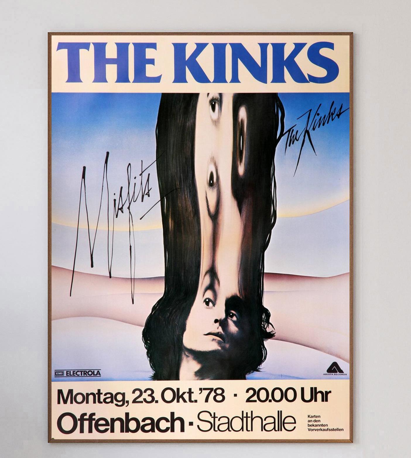 Magnifique affiche promouvant le concert des Kinks à la Offenbach Stadthalle en Allemagne en octobre 1978. Représentant la pochette de 