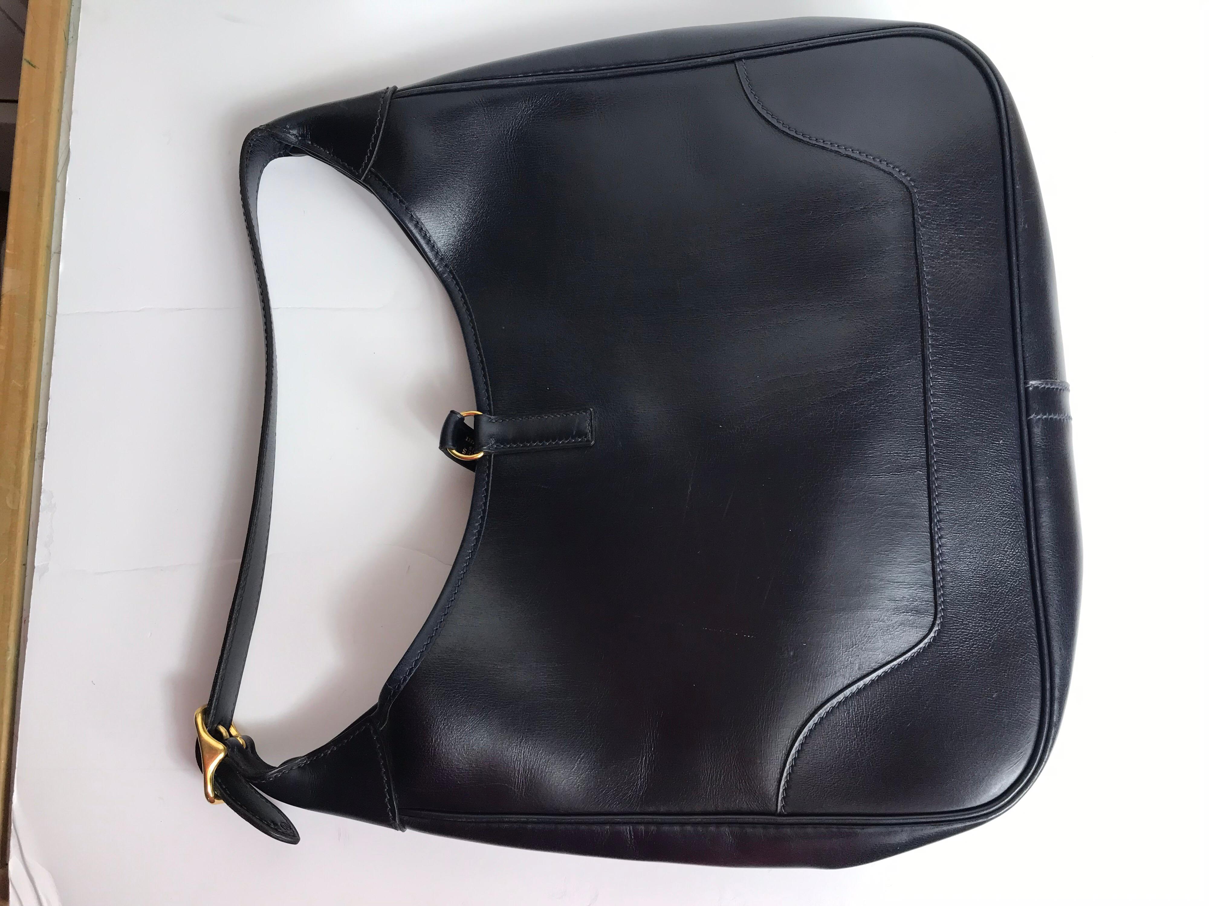 Black 1978 Vintage Hermès Trim dark Blue Box Calf Shoulder Bag 