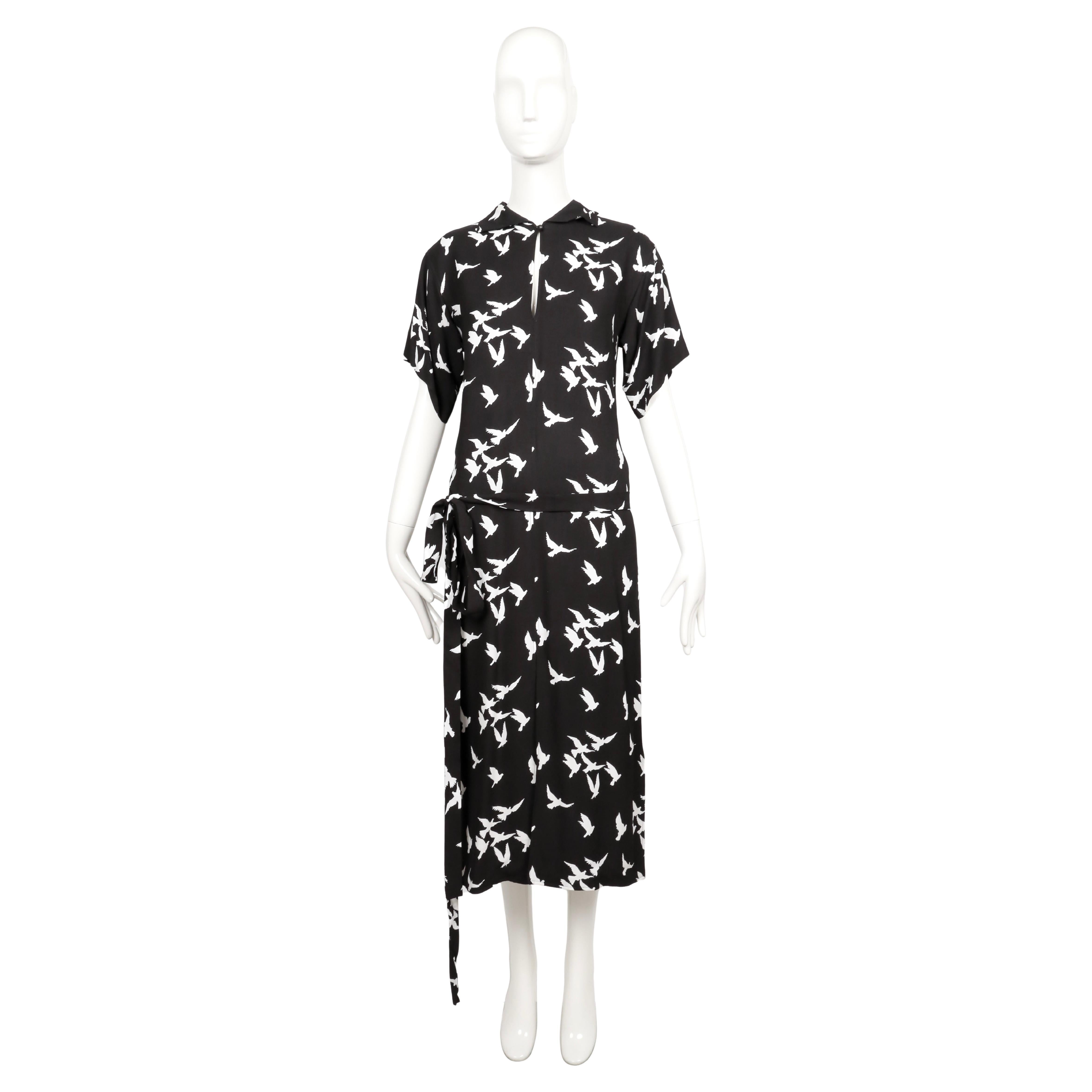 1978 YVES SAINT LAURENT documented black crepe RUNWAY dress with bird print