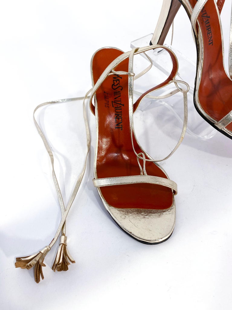1978 Yves Saint Laurent Gold Metallic Heels with Ankle Tie Straps at 1stDibs