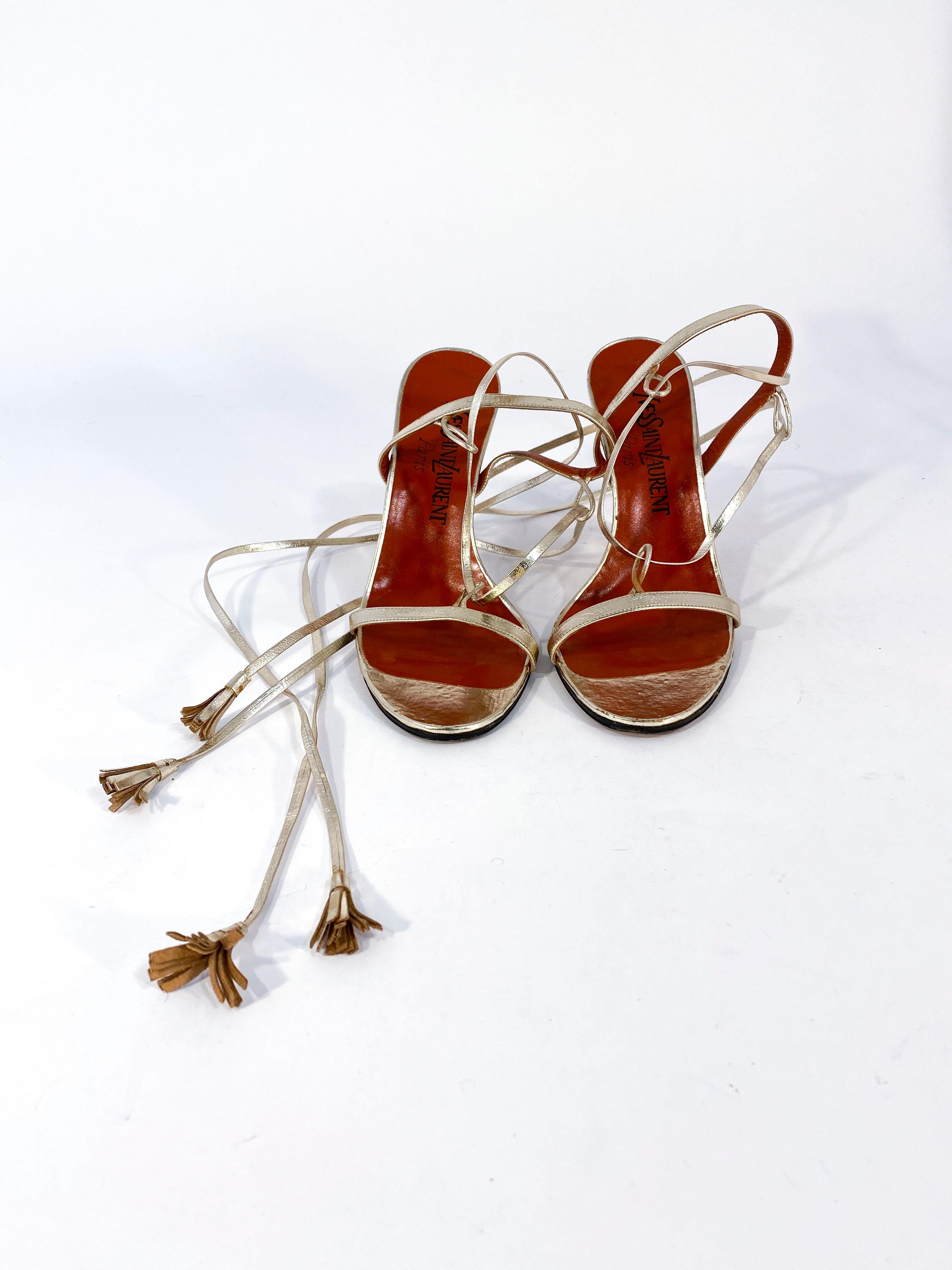 Brown 1978 Yves Saint Laurent Gold Metallic Heels with Ankle Tie Straps