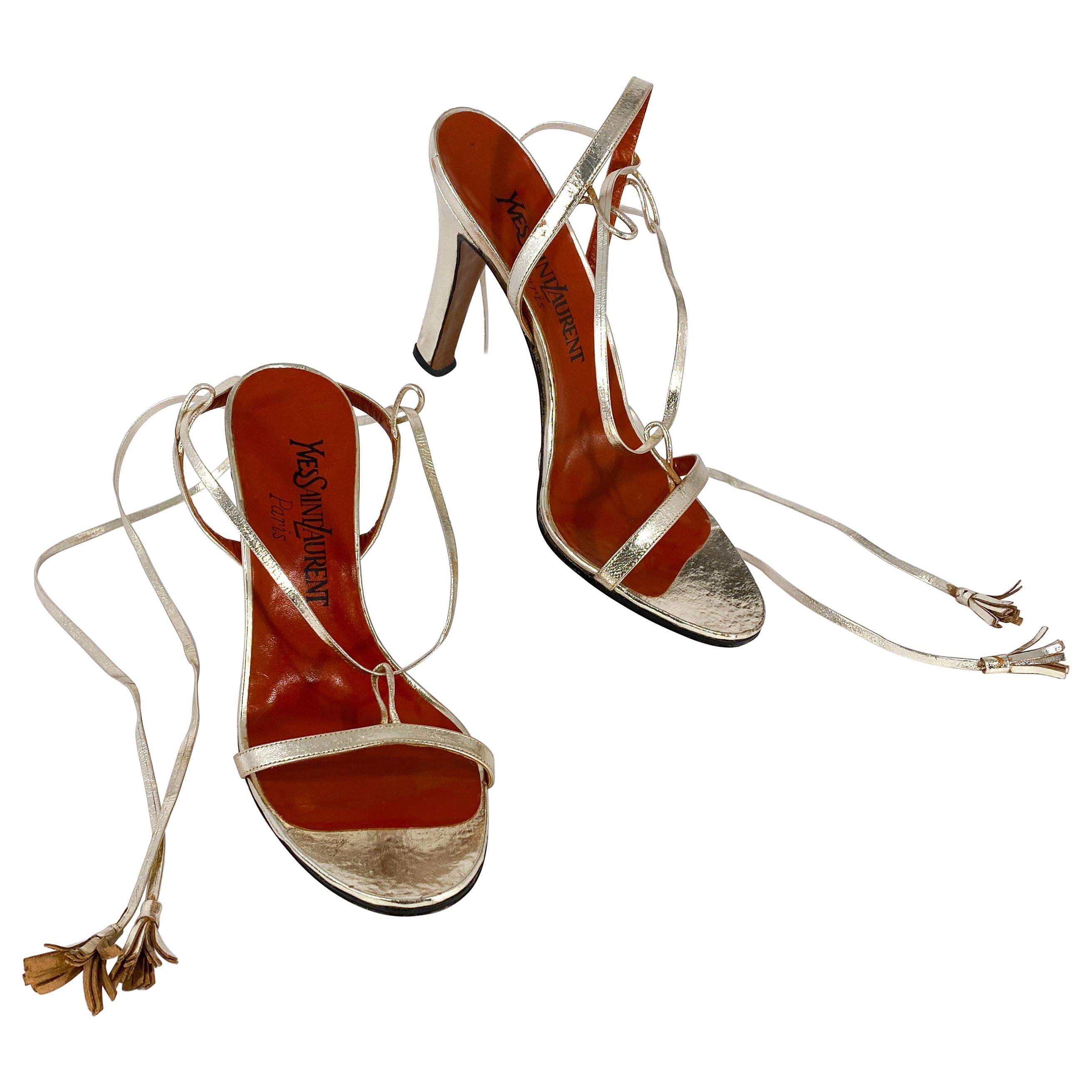 1978 Yves Saint Laurent Gold Metallic Heels with Ankle Tie Straps