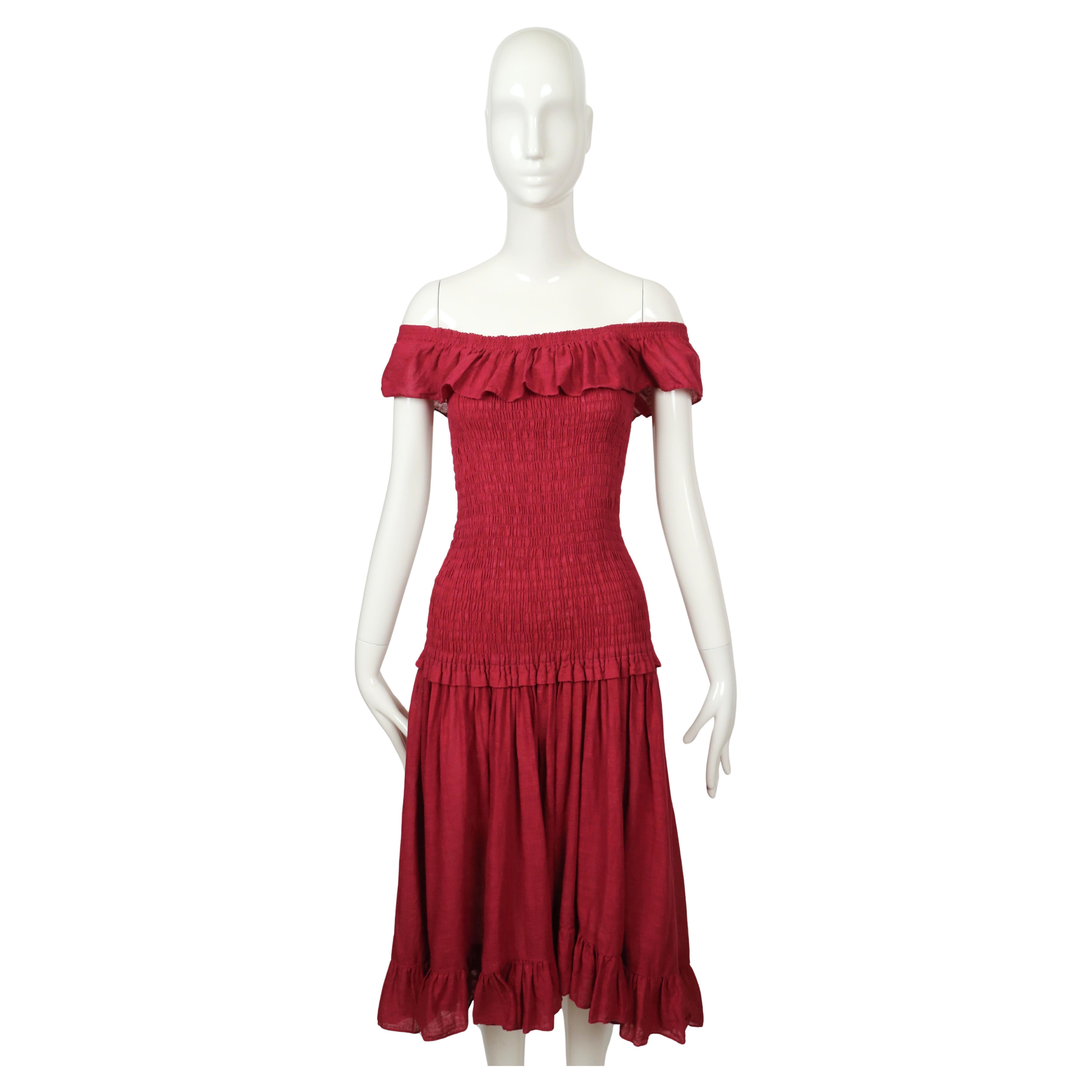 Red 1978 YVES SAINT LAURENT rive gauche off the shoulder cotton gauze RUNWAY dress For Sale