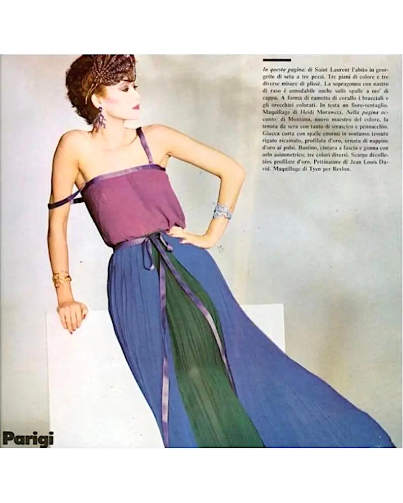 1978 Yves Saint Laurent Rive Gauche Pleated Tricolor Tiered Chiffon Gown For Sale 4