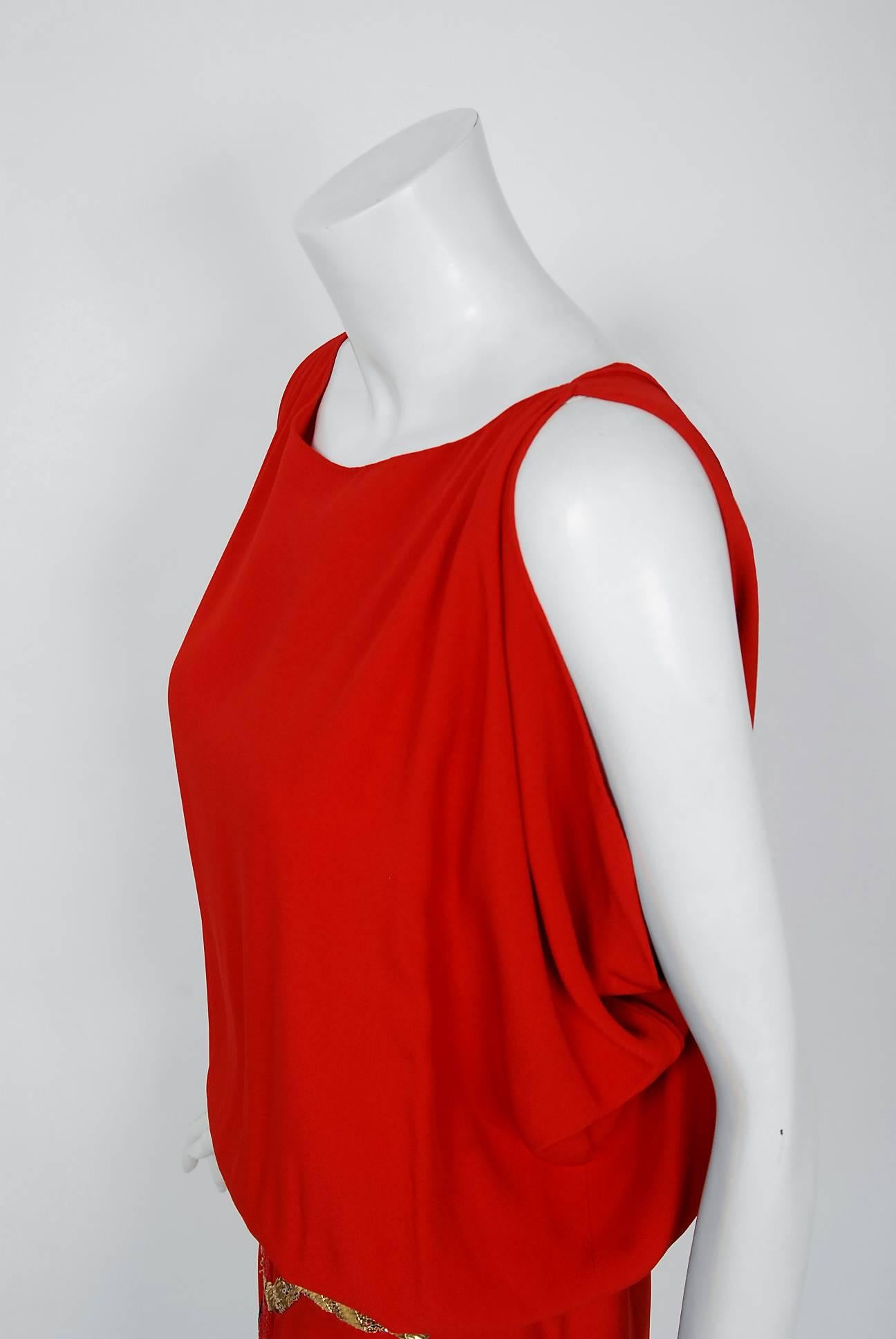 Women's Vintage 1979 Bill Blass Red Crepe Beaded Metallic Trompe L'oeil Draped Dress 