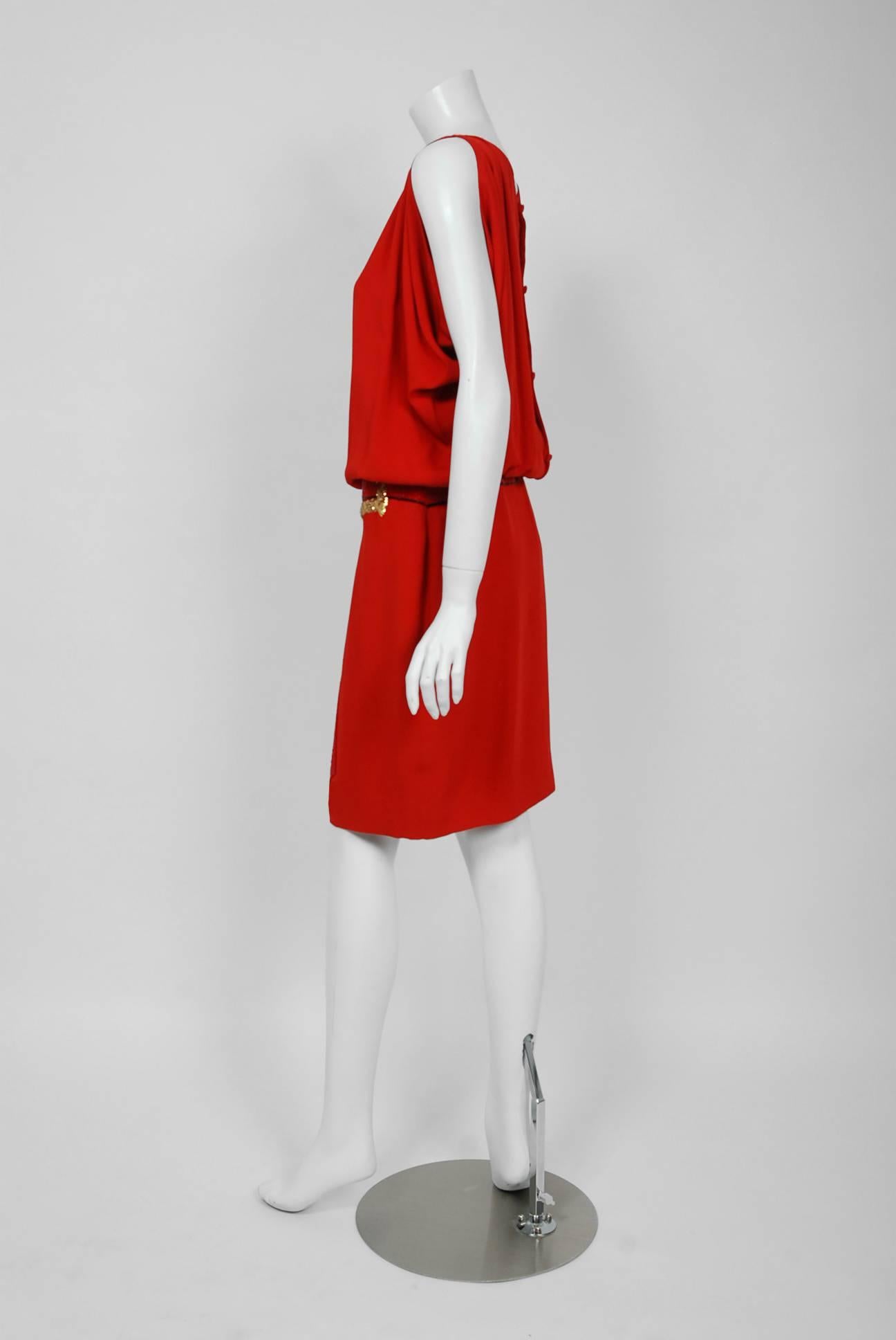 Vintage 1979 Bill Blass Red Crepe Beaded Metallic Trompe L'oeil Draped Dress  1