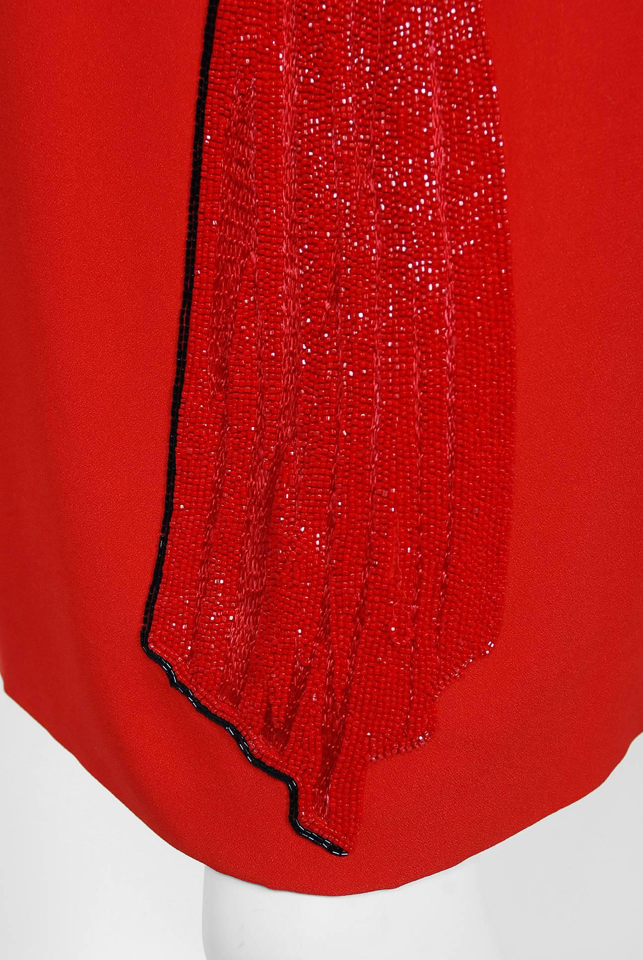 Vintage 1979 Bill Blass Red Crepe Beaded Metallic Trompe L'oeil Draped Dress  2