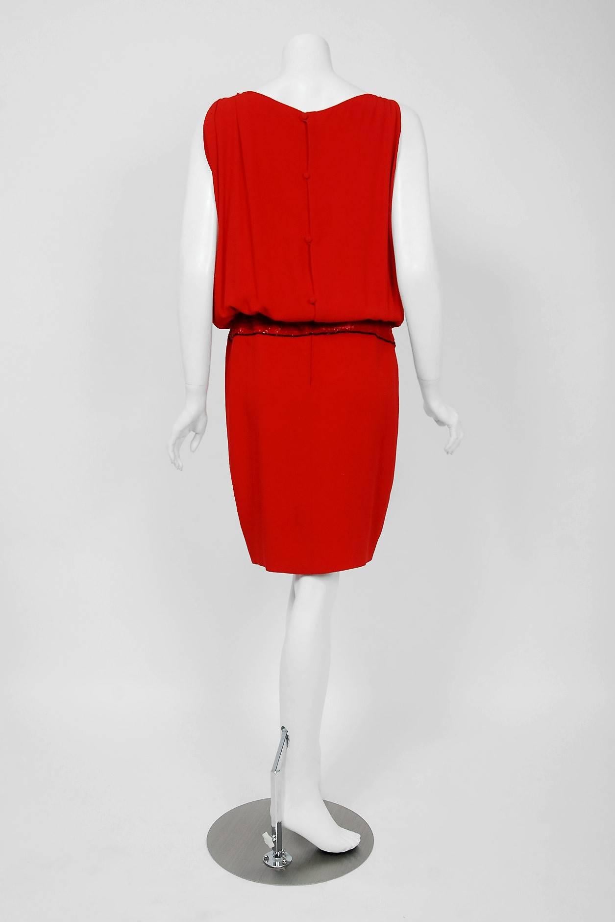 Vintage 1979 Bill Blass Red Crepe Beaded Metallic Trompe L'oeil Draped Dress  3