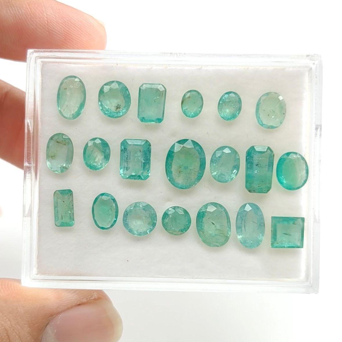 Wir präsentieren dieses 19,79-Karat-Smaragd-Los, eine atemberaubende Kollektion, die aus qualitativ hochwertigen und glänzenden grün gefärbten Smaragden in den Formen Oval, Smaragd-Schliff und Prinzess-Schliff besteht. Diese Smaragde stammen aus den