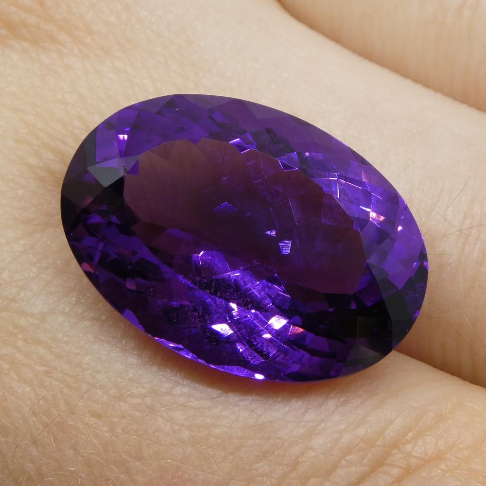 Description:

Gem Type: Amethyst
Number of Stones: 1
Weight: 19.79 cts
Measurements: 21.60x15.40x10.30 mm
Shape: Oval
Cutting Style Crown: Modified Brilliant
Cutting Style Pavilion: Modified Brilliant
Transparency: Transparent
Clarity: Very Slightly