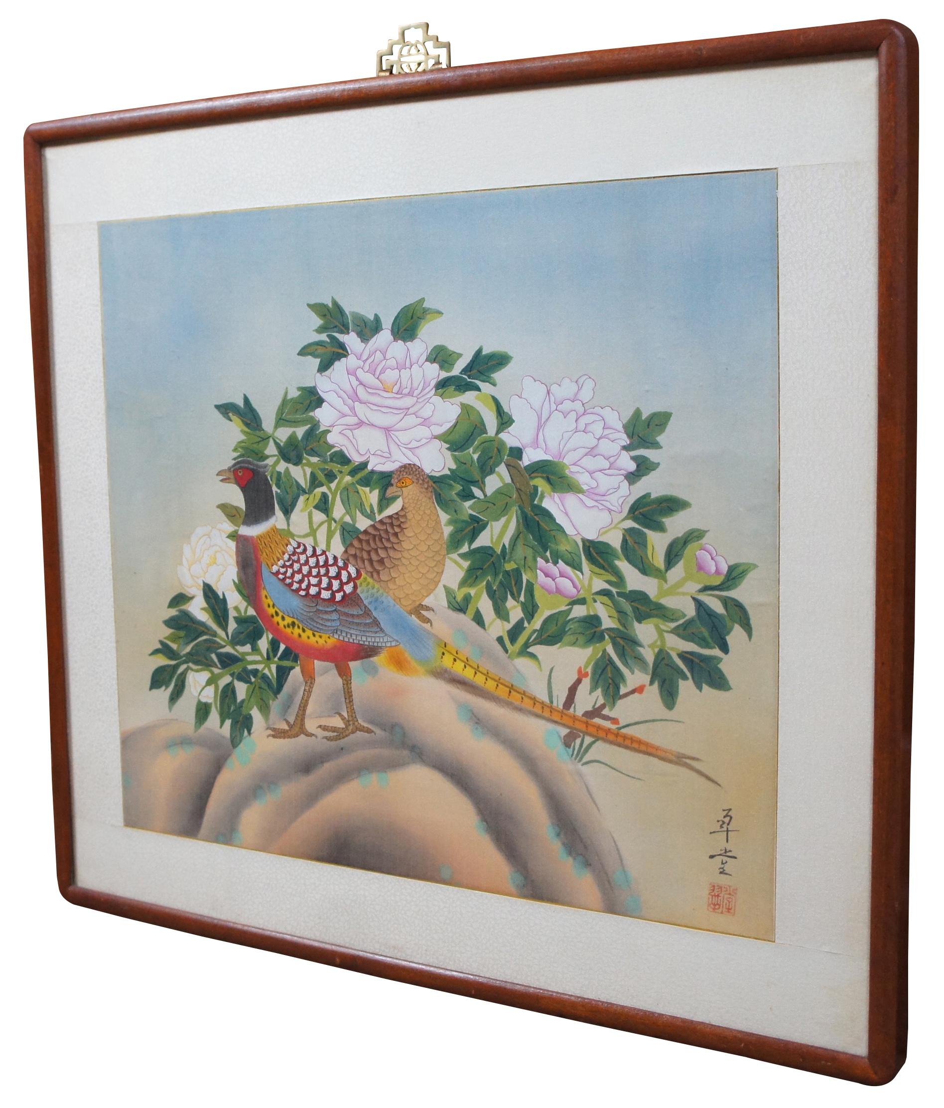 1979 Cui Tang Chiense / Korean painting on silk showing brightly colored male and female pheasants in front of a bush of pink and white peonies.

1 ?? huà tí Title of the Art 
2 ?? (Korean) N/A 1. gold thread 2. marital relationship 
3 ?????? ?