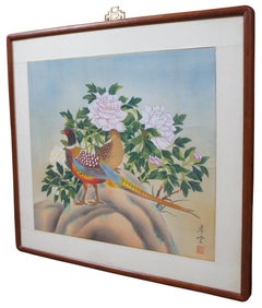 1979 Cui Tang Pheasants Love Birds Painting on Silk Flowers Peonies Chinoiserie