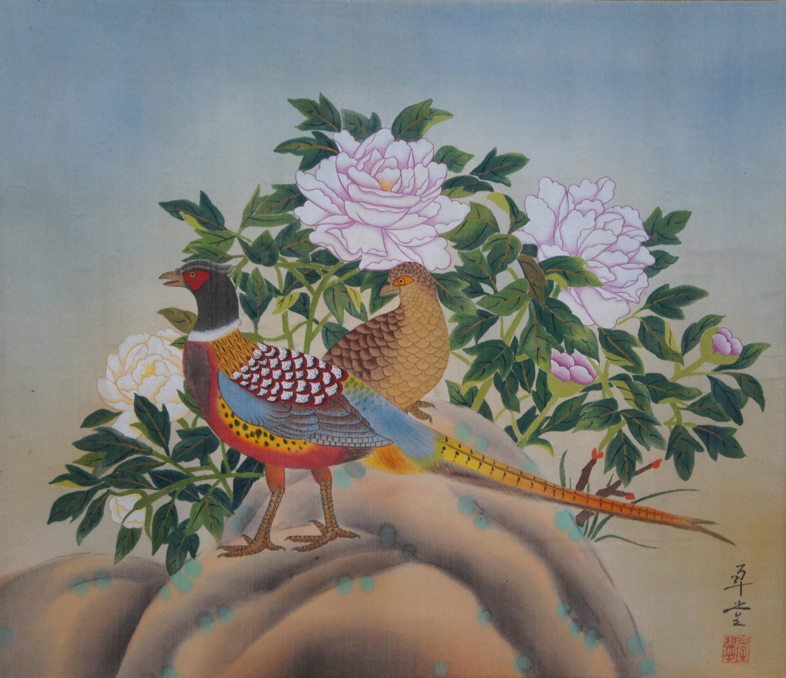 Peinture de phéasants chinois amoureux de Cui Tang en soie avec fleurs et pivoines, 1979 en vente 1