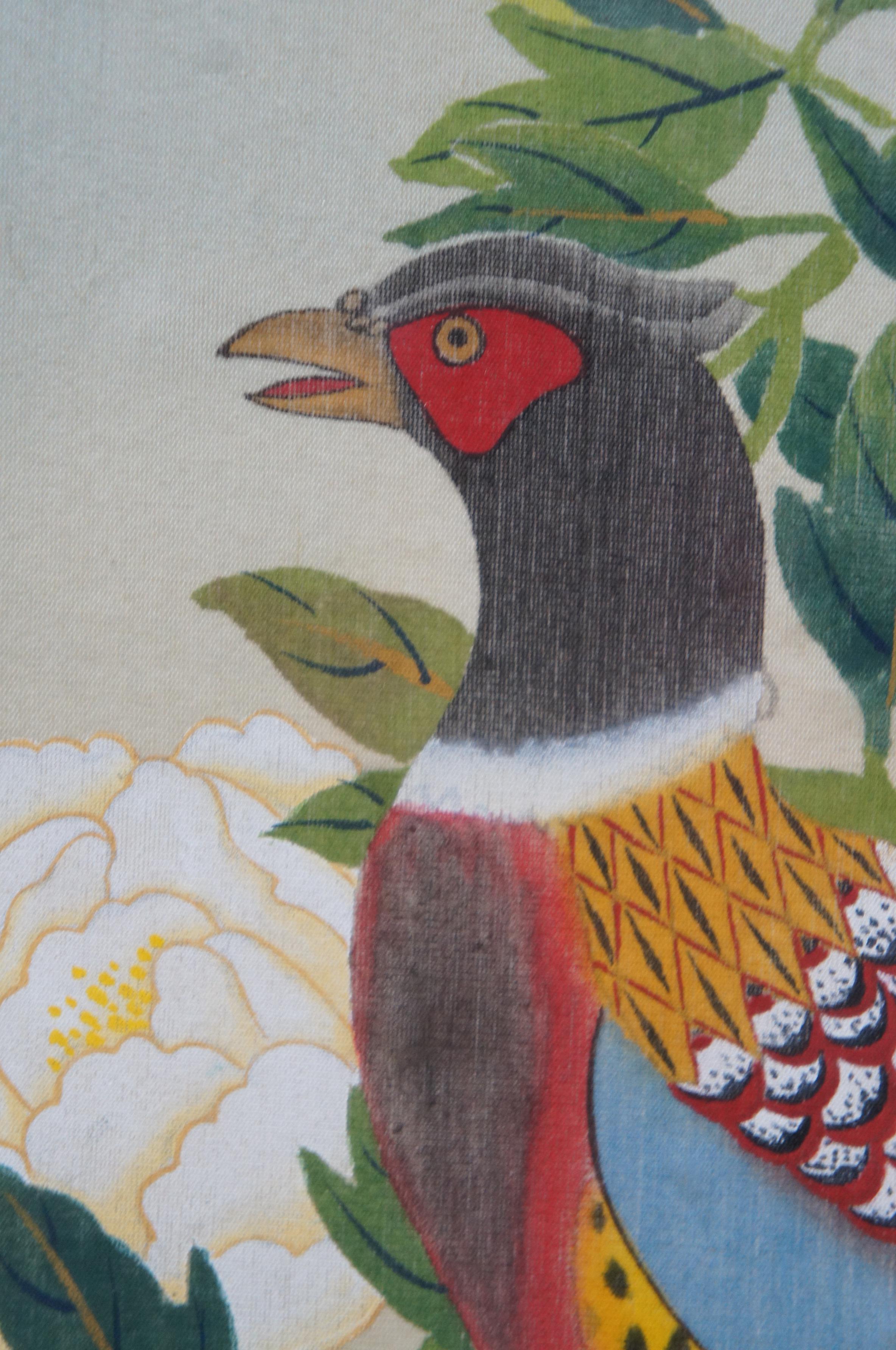 1979 Cui Tang Chinese Pheasants Love Birds Painting on Silk Flowers Peonies For Sale 1