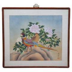 Vintage 1979 Cui Tang Chinese Pheasants Love Birds Painting on Silk Flowers Peonies