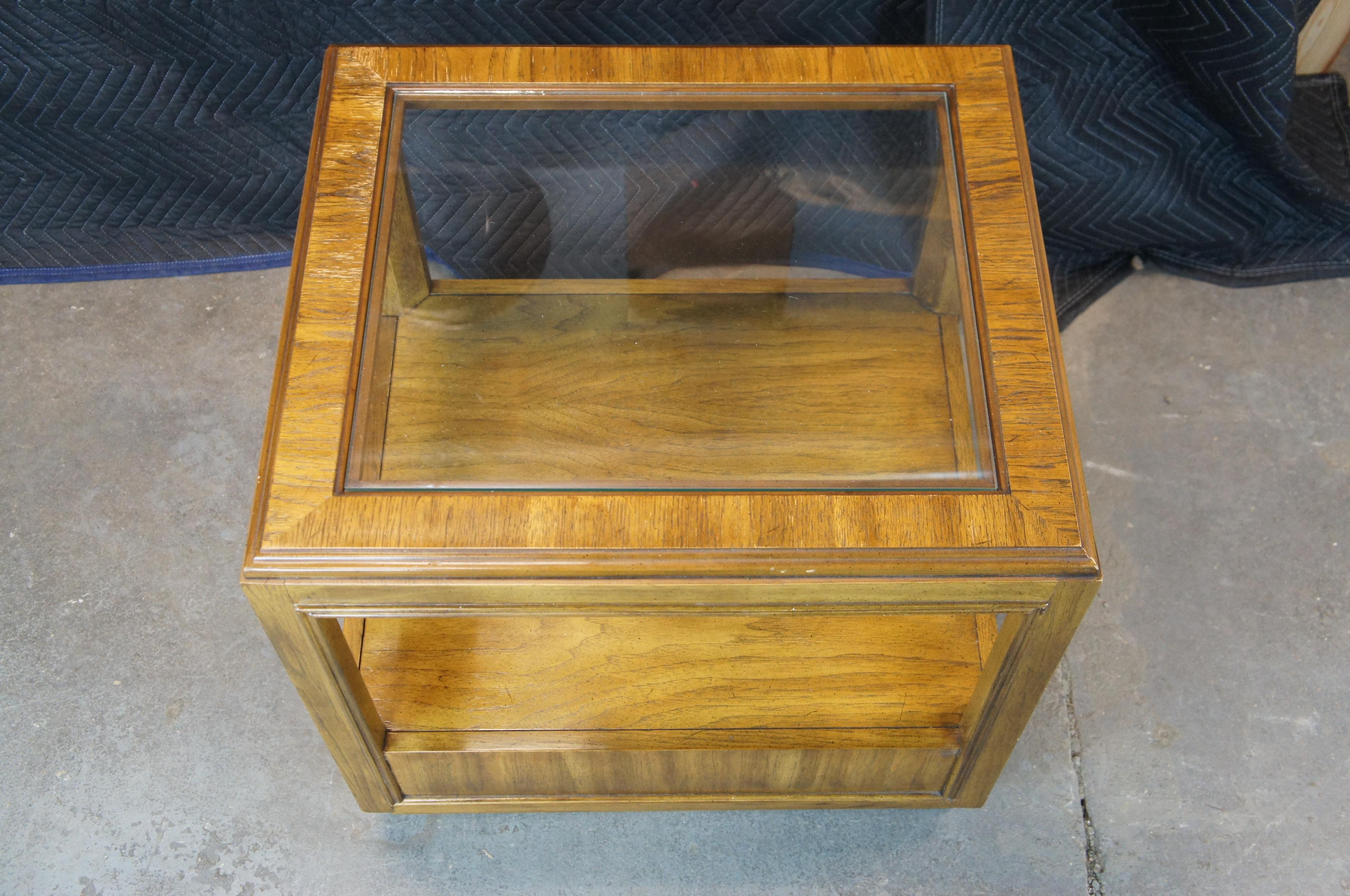 Late 20th Century 1979 Drexel Heritage Accolade II Walnut Glass 2 Tier Campaign Side Table 984-330