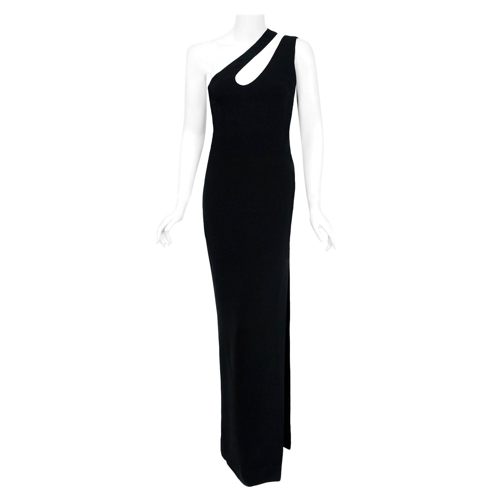 1979 Galanos Couture Black Silk Asymmetric One Shoulder Cut-Out High ...