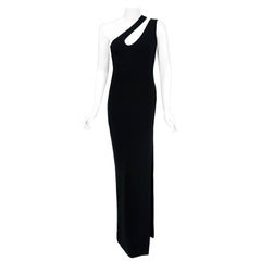1979 Galanos Couture Black Silk Asymmetric One Shoulder Cut-Out High Slit Gown 