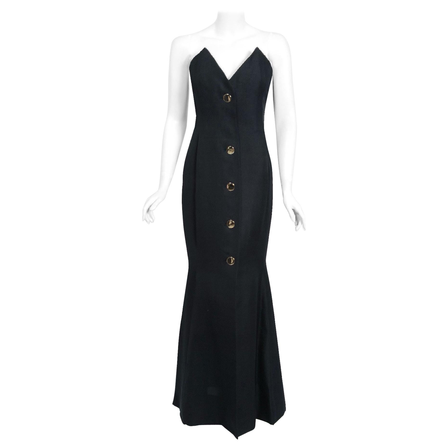 1979 Givenchy Haute-Couture Black Silk Linen Strapless Hourglass Mermaid Gown 