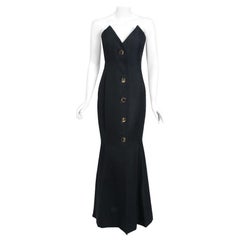 Vintage 1979 Givenchy Haute-Couture Black Silk Linen Strapless Hourglass Mermaid Gown 