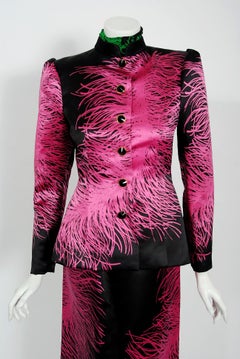 1979 Givenchy Haute-Couture Novelty Feather Print Silk Jacket Blouse & Skirt Set