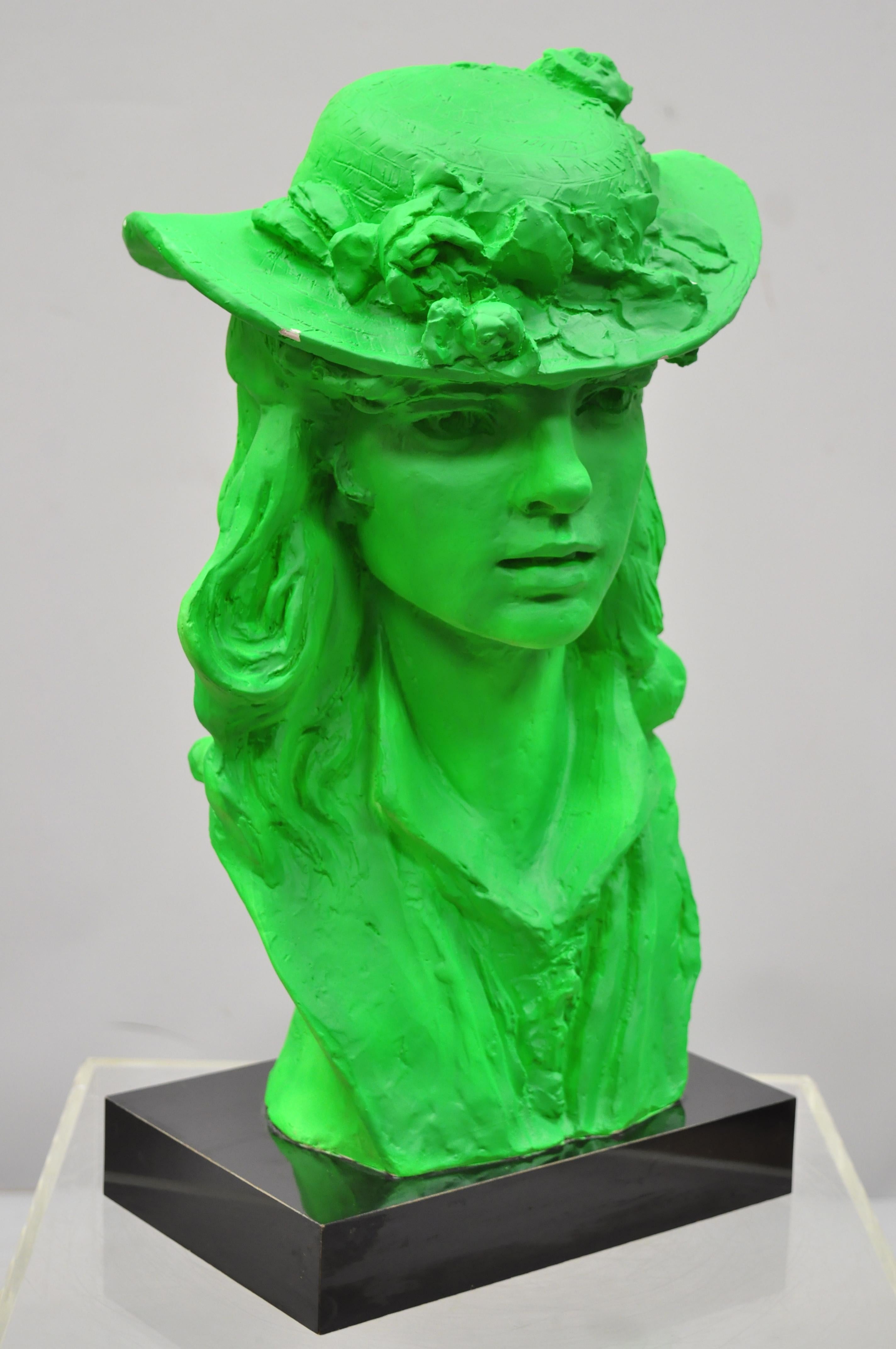 1979 Green Victorian style plaster sculpture woman bust in hat by Austin Productions Inc. Item includes a cast plaster form, green finish, beautiful woman with long hair and hat, very unique vintage item, circa 1979. Measurements: 21