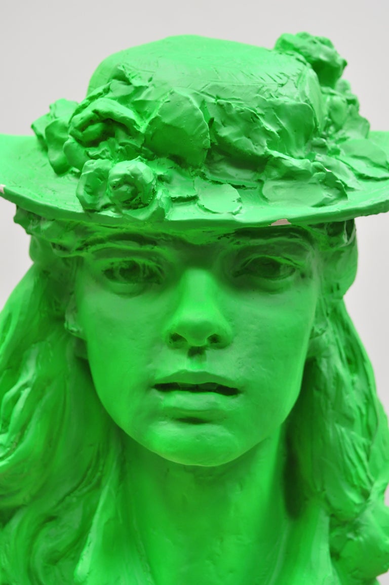 1979 Green Victorian Style Plaster Sculpture Woman Bust in Hat by