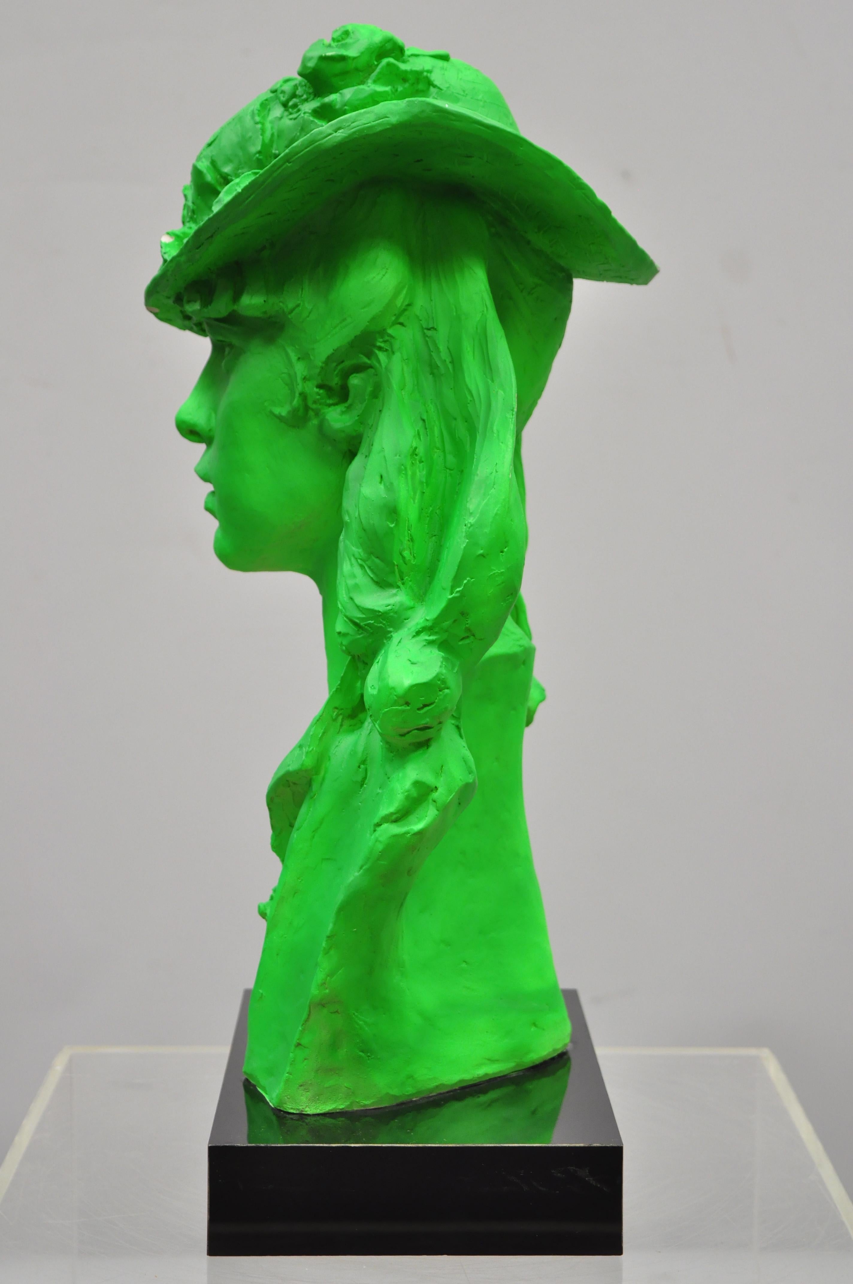 1979 Green Victorian Style Plaster Sculpture Woman Bust in Hat by Austin Prod. 1