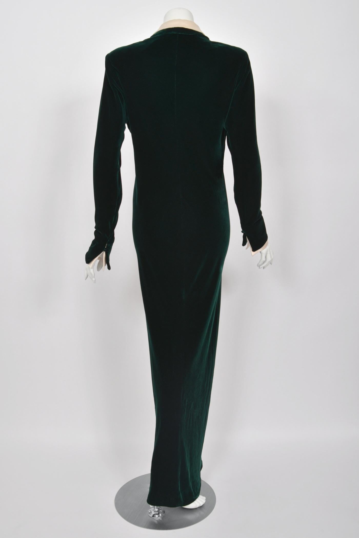 1970s Halston Couture Dark Green Velvet & Ivory Silk Ruffle Bodice Bias-Cut Gown For Sale 5
